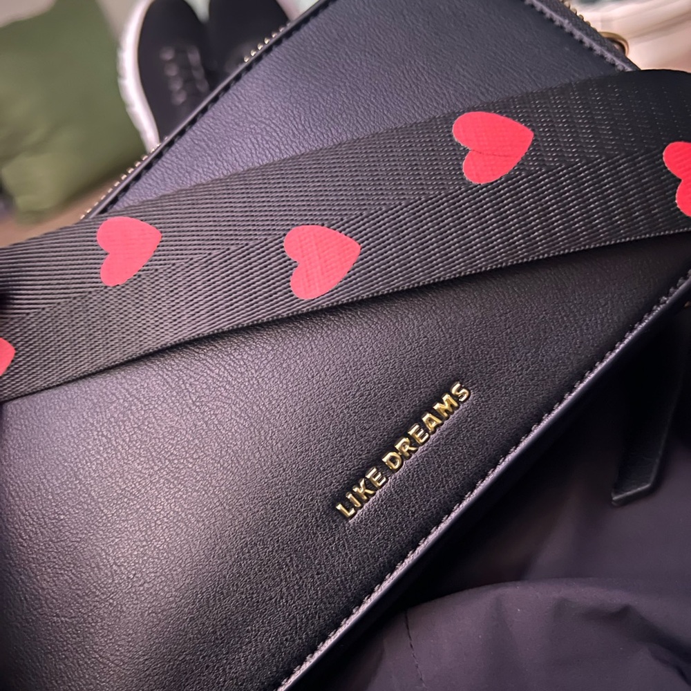 Like Dreams Black Crossbody Bag with Red Heart Strap